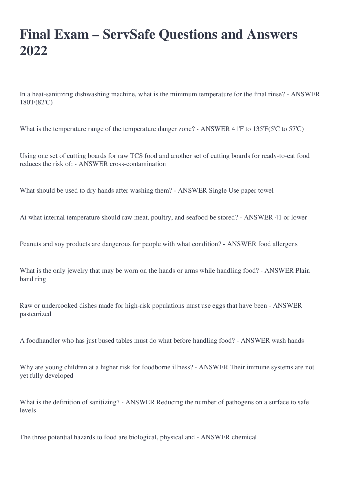 Preview image for Final Exam – ServSafe Questions and Answers 2022